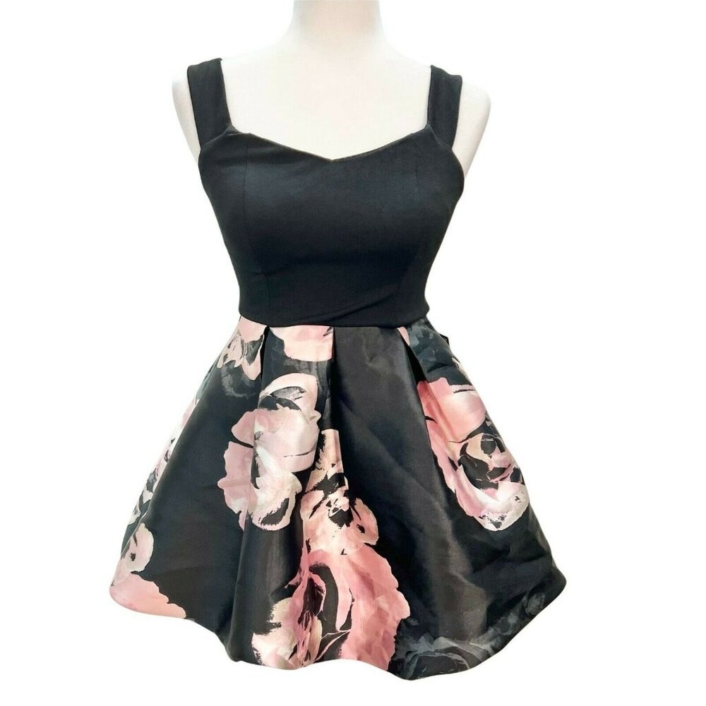 Speechless Black Blush Floral Fit & Flare Dress Size 3 Sleeveless Evening Party